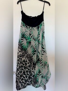 Silk Strapless midi/maxi dress with Green and Black Tropical Print. Worn once!
